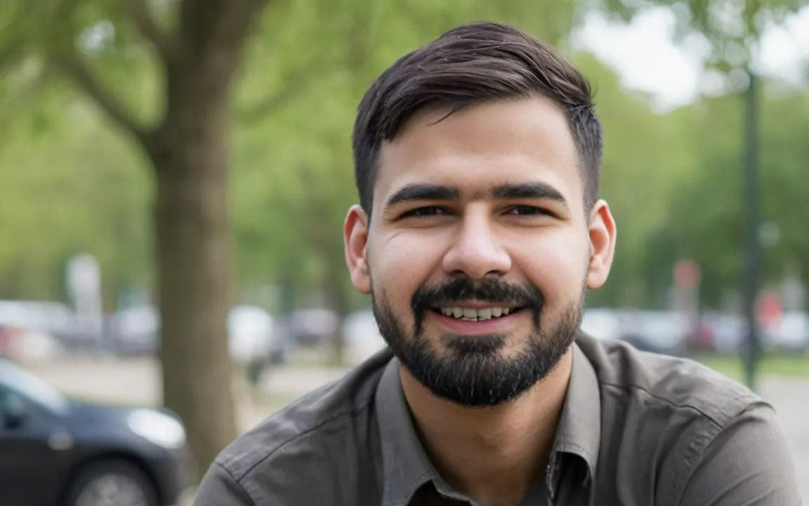 Rizwan Saleem sitting in a park smiling